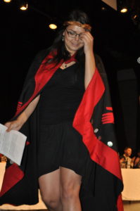 Carmen Galligos leaving the stage on April 9