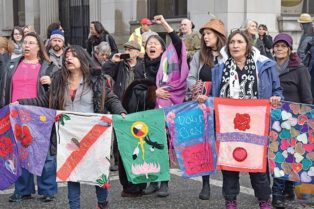 crowd holding flags at women's march