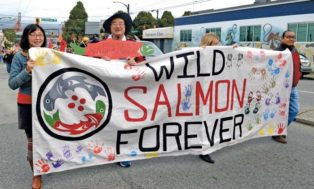 people marching for wild salmon protection